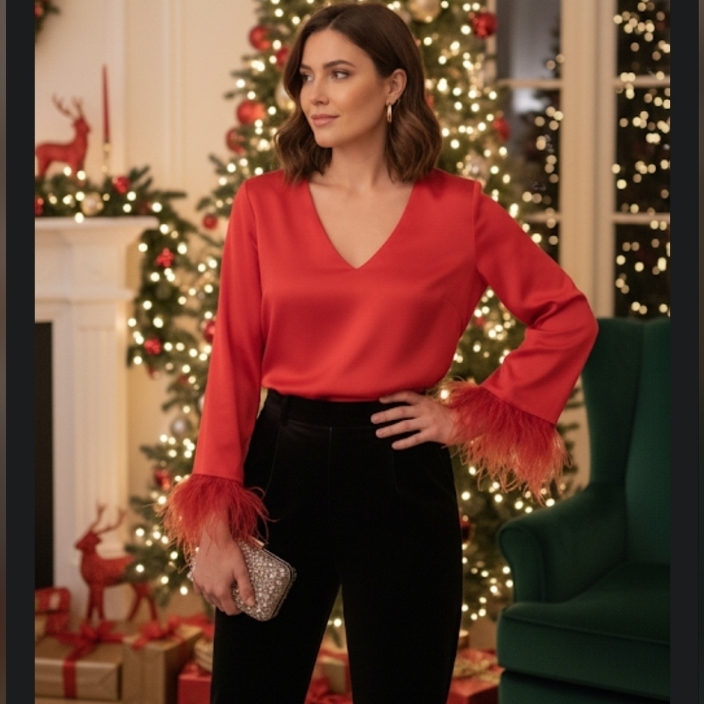 NWT WAYF Feather Trim Blouse size M